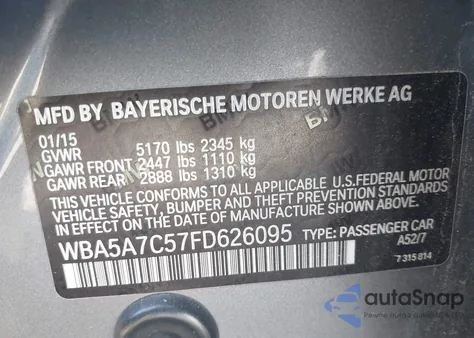 2015 BMW 528I xDrive из США, поврежденный, VIN WBA5A7C57FD626095